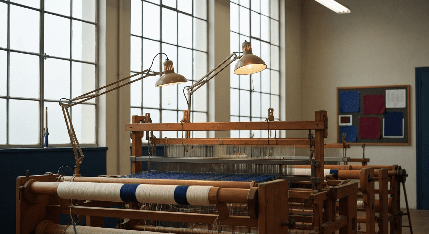 Métier Jacquard et fils de soie indigo et ivoire — atelier lyonnais