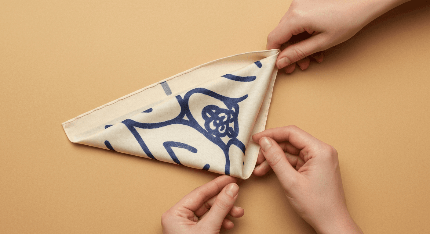 Carré de soie en cours de pliage, motif indigo sur ivoire
