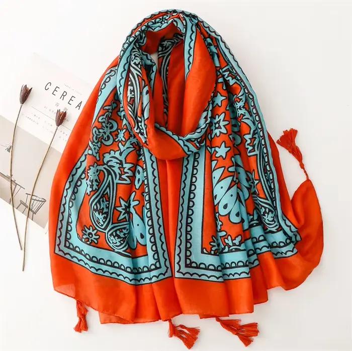 Châle en Viscose avec Pompon, Écharpe Africaine, Indienne, Ethnique, Géométrique, Florale, Haute Qua