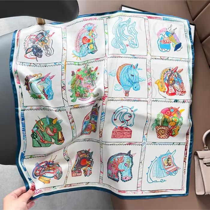 Foulard carré 100% Soie de Mûrier à Imprimé Cheval, Bandana, Écharpe de Cou, Accessoire de Sac, Foul