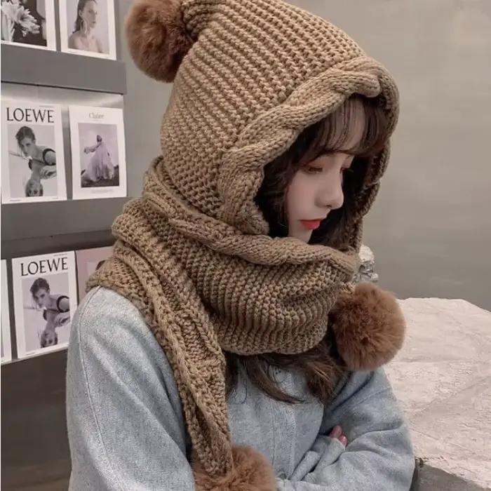 Chapeau en laine tricoté épais, écharpe à capuche, Protection des oreilles, casquettes chaudes, chap