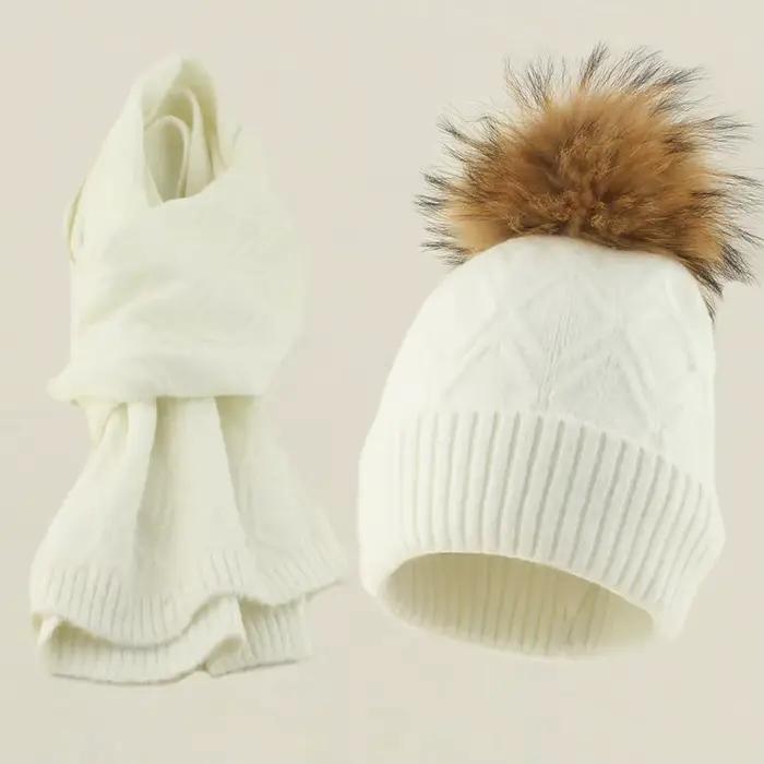 Ensemble chapeau et écharpe pour femme, bonnet tricoté en laine, pompon raton laveur, accessoire cha