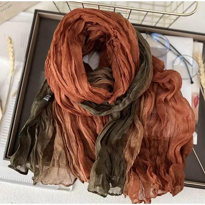 Écharpe en coton et lin dégradée bleu pour femmes mode automne hiver multifonctionnelle pli châle faire du shopping