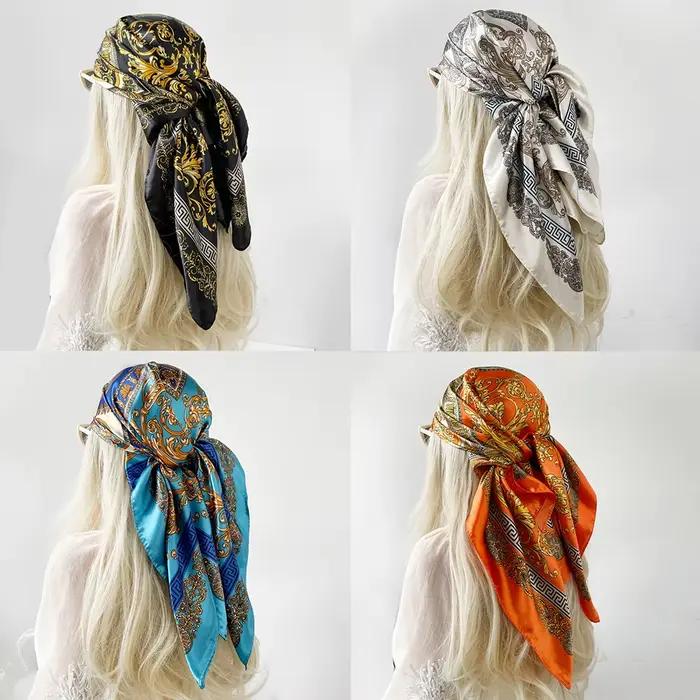 Nouveau Foulard Carré en Soie Imprimé Floral Style Bohème de Luxe Unisexe
