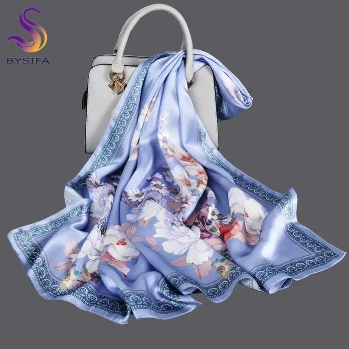 Écharpe en soie BYSIFA style floral violet bleuté pour femmes, polyvalente, saisonnière et décontractée à offrir pour toutes occasions