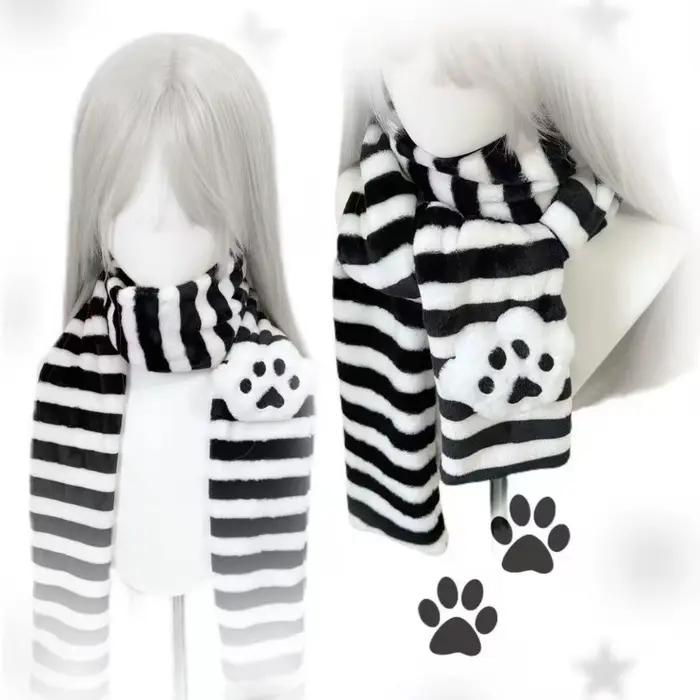 Écharpe en coton tricoté Kawaii motif patte de chat rayée pour femmes hiver voyage style Y2K