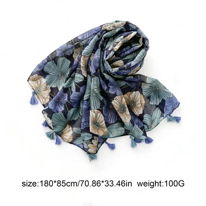 Écharpe florale bleu marine et beige pour femme