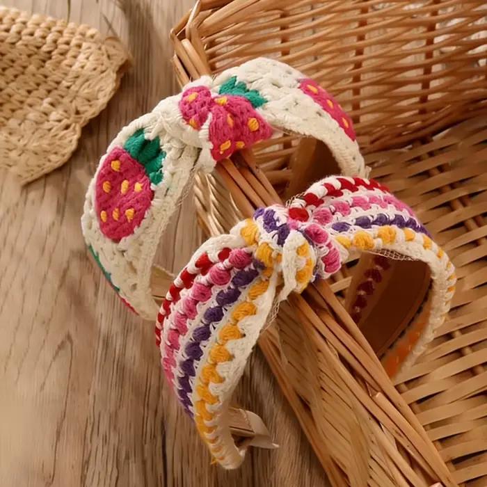 1 bandeau au crochet de style bohème fait main – Bord large avec motif floral à carreaux et fraises