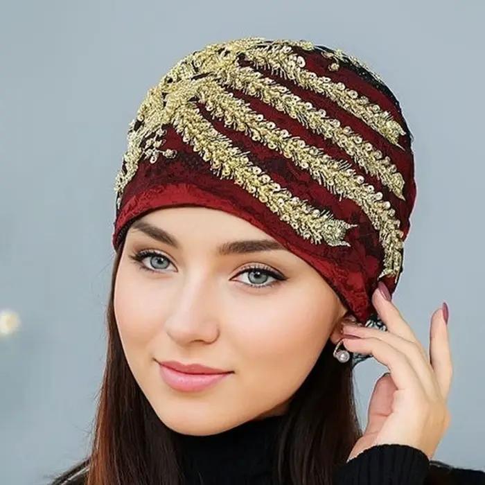 Foulard de tête en dentelle Turban chapeaux strass cravate élastique Hijab été mince