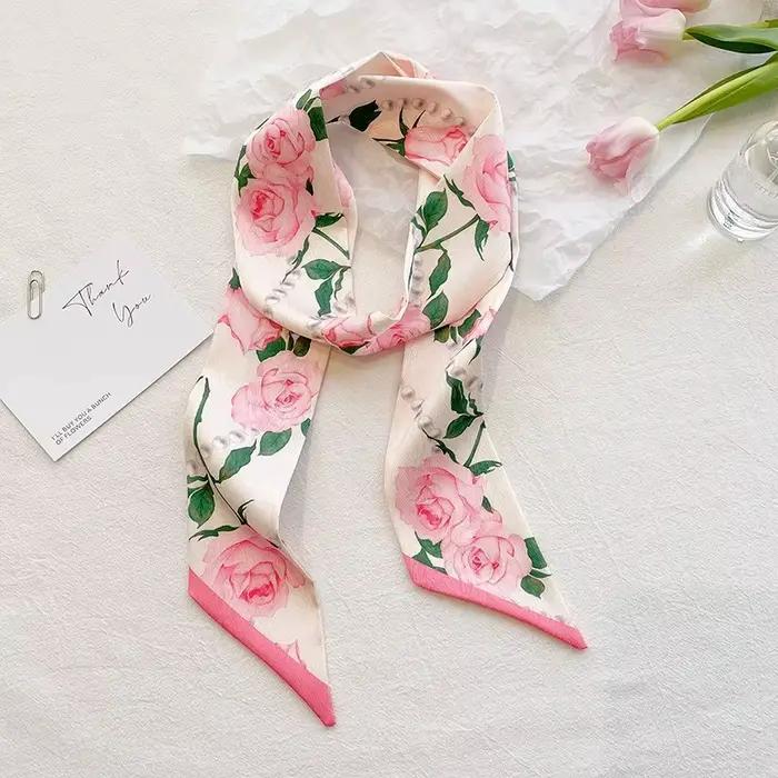 Écharpe décorative Rose longue bande Double face petit foulard en soie bandeau pour femme banderole de cheveux attachée