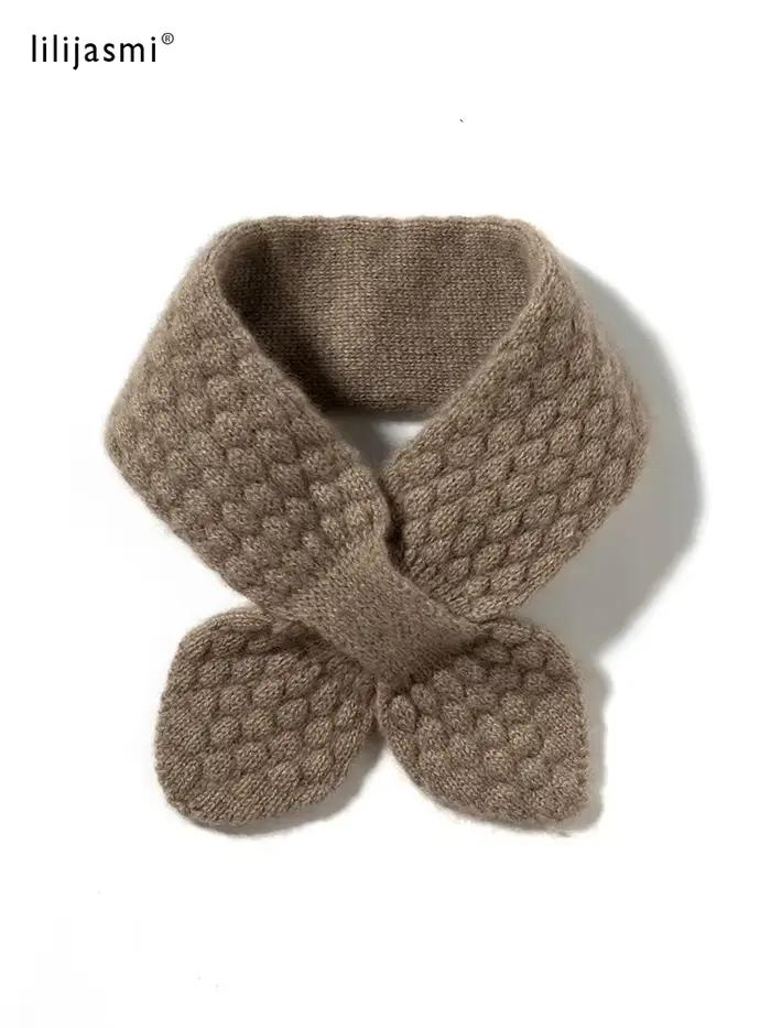 Femmes 100% pur cachemire tricoté petit nœud papillon écharpe foulard mousse point doux cou plus chaud anneau col femme Boutique Acc