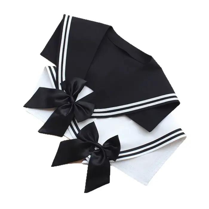 Foulard cache-col marin rayé en polyester pour femmes, style académie, noir et blanc, avec nœud papillon, type châle, adaptable et élégant pour diverses occasions