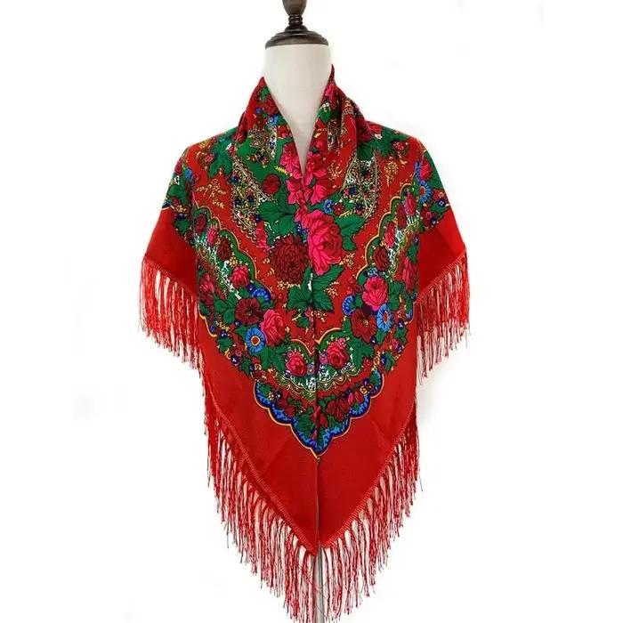 Écharpe traditionnelle russe multifonctionnelle en polyester avec franges et pompons pour femmes, idéale pour le printemps et l'automne, accessoire de mode vintage et tendance