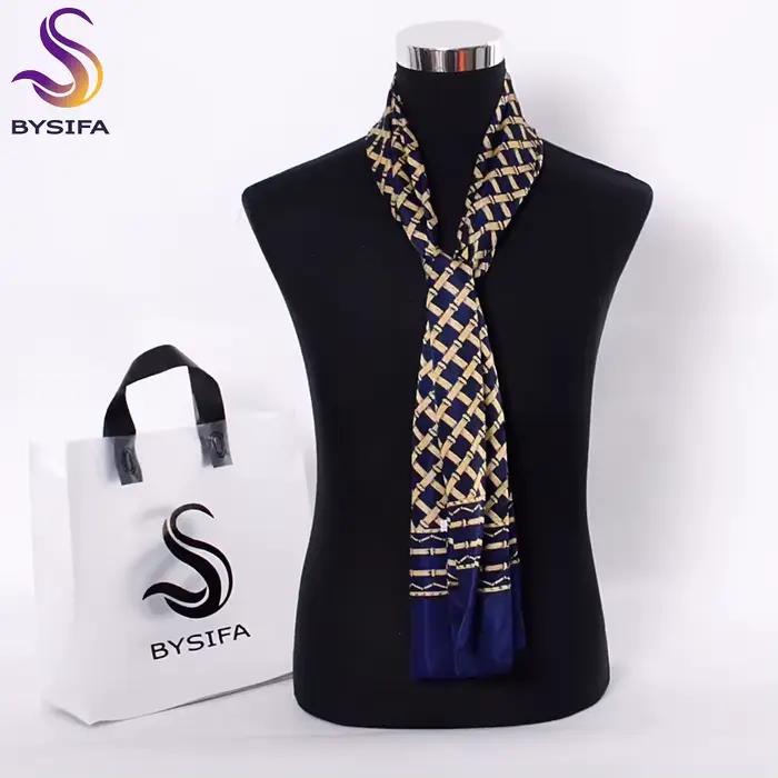 [BYSIFA] bleu marine or Plaid hommes foulards en soie accessoires de mode automne hiver mâle Pure