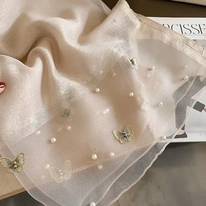 Foulard châle en soie de luxe pour femmes, Design brodé de fleurs, enveloppes Hijab, Bufandas, Foula