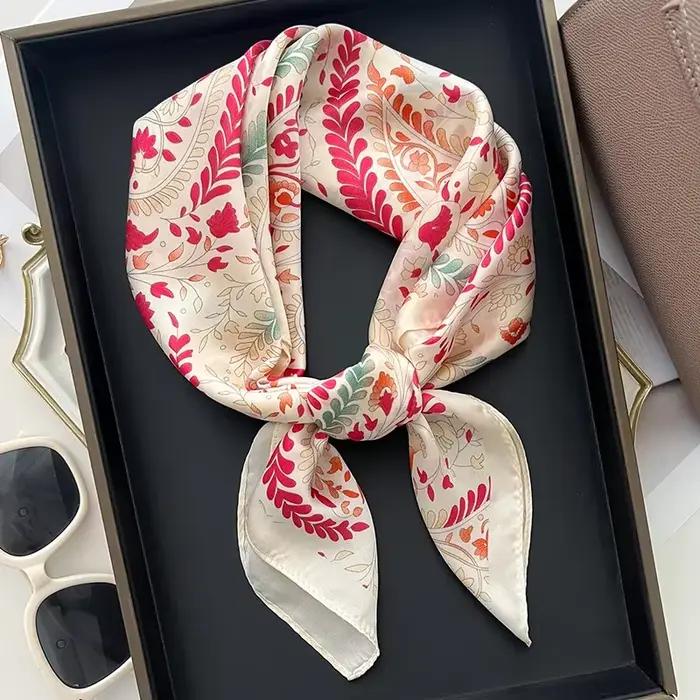 InjSquare-Foulard de Luxe en Satin Doux à Imprimé Floral pour Femme, Bandeau de Tête, Hijab, Sauna,