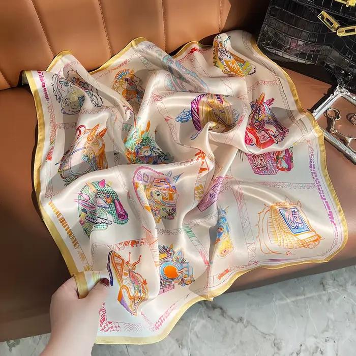 Écharpe en satin de soie de mûrier 100% pour femme, motif abstrait coloré cheval, carrée, multi-usag