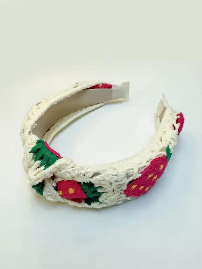 1 bandeau au crochet de style bohème fait main – Bord large avec motif floral à carreaux et fraises,
