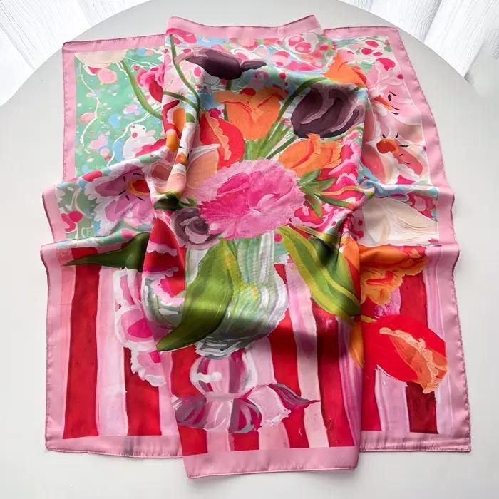 Foulard imprimé floral en soie imitation pour femme, bandeaux carrés, bandana féminin, écharpe de co