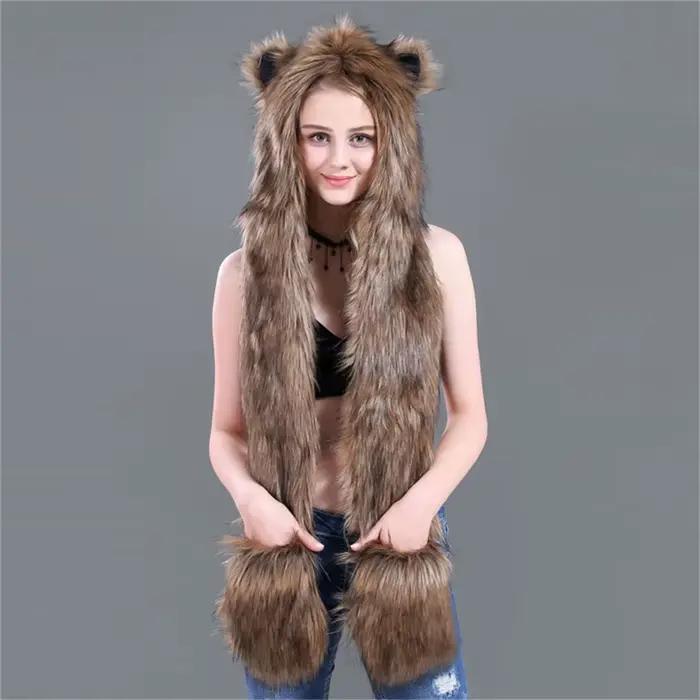 Ensemble Écharpe, Chapeau et Gants Femme LaMaxPa Fashion Animal, 1 Pièce, en Fausse Fourrure, Chauds