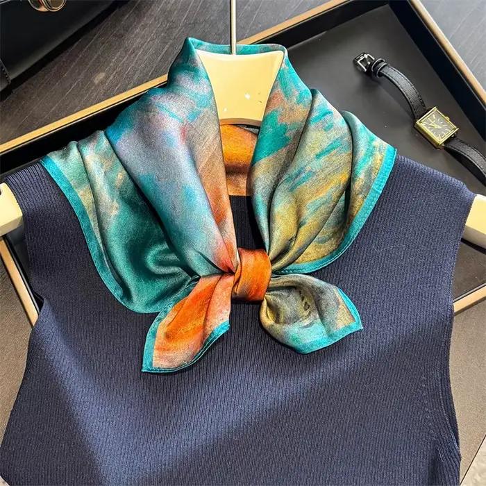 Marque de luxe 100% foulard en soie naturelle femmes Design petit châle carré ruban de cheveux bande