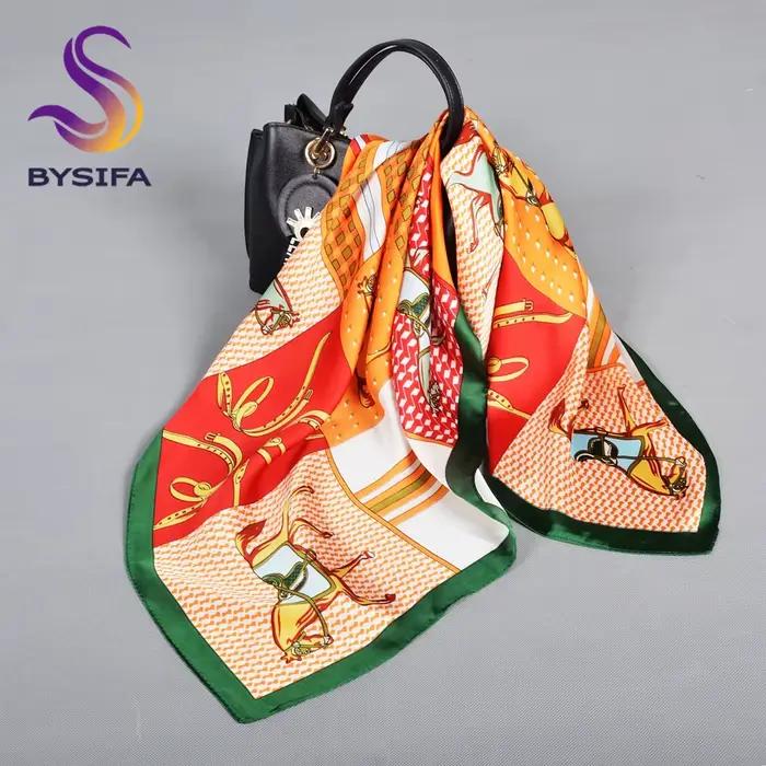 BYSIFA – foulard en soie jaune et bleu pour femme, 70x70cm, accessoire de mode pour filles, foulard