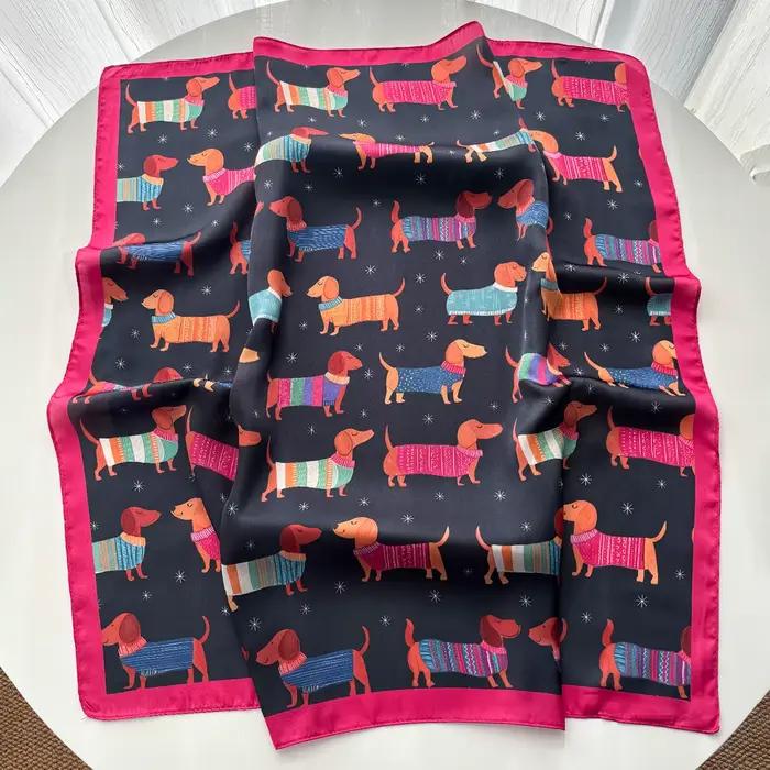 Écharpe carrée en coton imprimé chien pour femme, foulards élégants en soie imitation, bandanas, hij