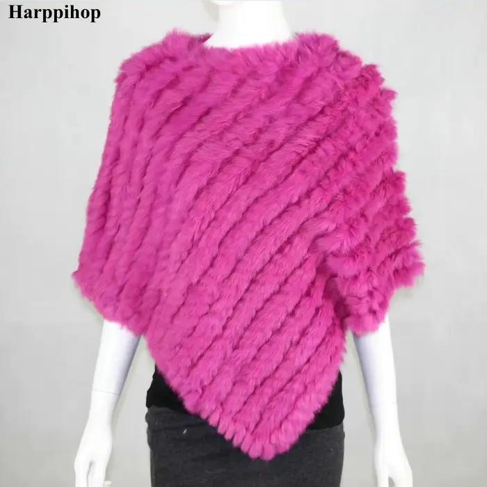 Nouveauté offre spéciale châles Pashmina en vraie fourrure pour femme tricoté à la main Poncho en fo