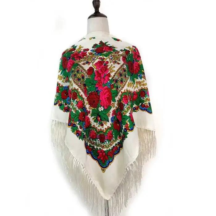 Écharpe traditionnelle russe multifonctionnelle en polyester avec franges et pompons pour femmes, idéale pour le printemps et l'automne, accessoire de mode vintage et tendance