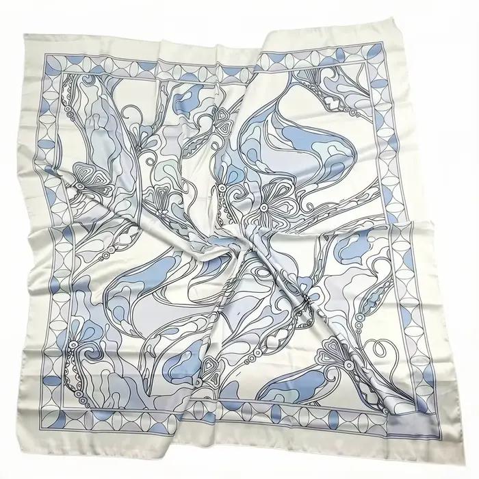 Nouvelle Écharpe Carrée Classique en Soie Bleue pour Femme 2026 avec Logo Signature Lettre Design Luxe 90x90cm