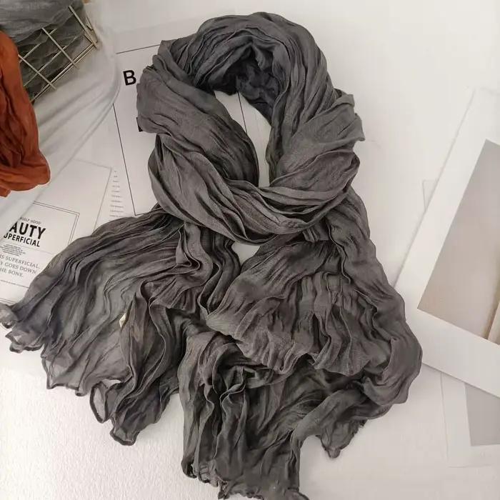 Écharpe rétro plissée en coton et chanvre pour femmes, polyvalente et chaude, idéale pour les quatre saisons et les occasions décontractées