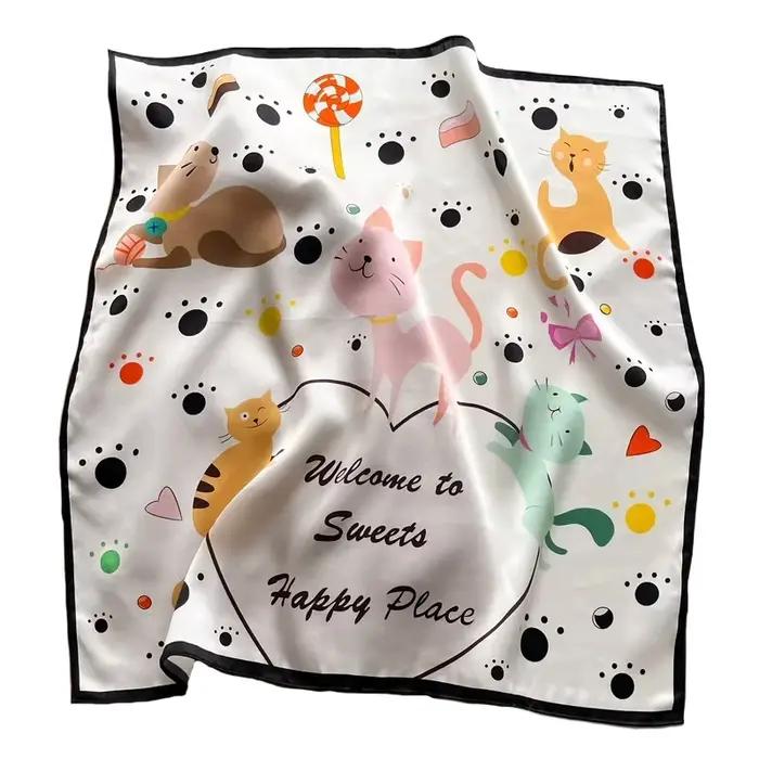 Foulard pour filles soie de mûrier naturelle chats dessin animé écharpe carrée enfant occasion spéciale confort douceur