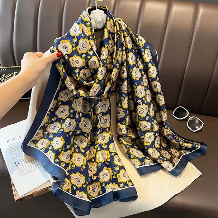 Écharpe de luxe à motifs floraux pour femme, châle enveloppant, hijab, bande de sauna, foulard, étoiles de plage, 100% polyester, sensation de soie, pour toutes les saisons, occasions décontractées