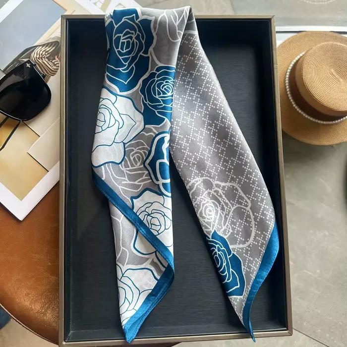 Foulard en soie de mûrier 100%, motif floral, écharpe polyvalente pour femmes, accessoire mode pour cheveux et cou, idéal pour tous les jours et occasions spéciales