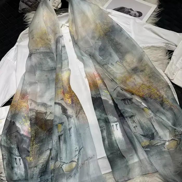 Gris blanc 100% soie châle écharpe femmes mode nouveau Design Floral longues écharpes enveloppes été