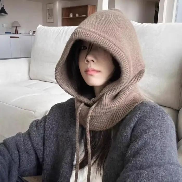 Écharpe à capuche tricotée chapeau cagoule en tricot coréen extérieur