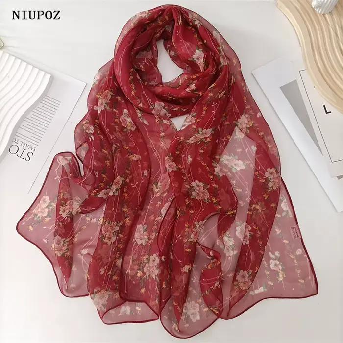 Rouge petite fleur femmes élégant en mousseline de soie Georgette Bandana écharpe été plage crème solaire mince Hijab