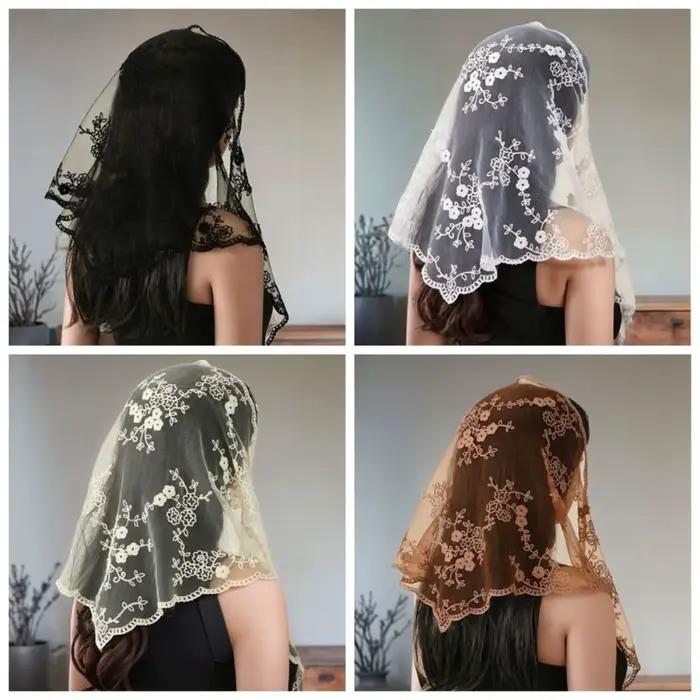 Nouveau Écharpe en dentelle ajourée broderie couleur unie Foulard Bandana Vintage mince