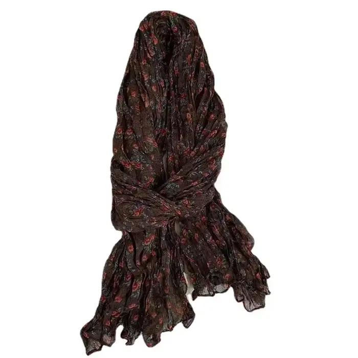 VREOVOR Antique écharpe nouvelle automne et hiver diffusion en direct chaude littéraire coton et lin rétro fleur froissé hommes femmes