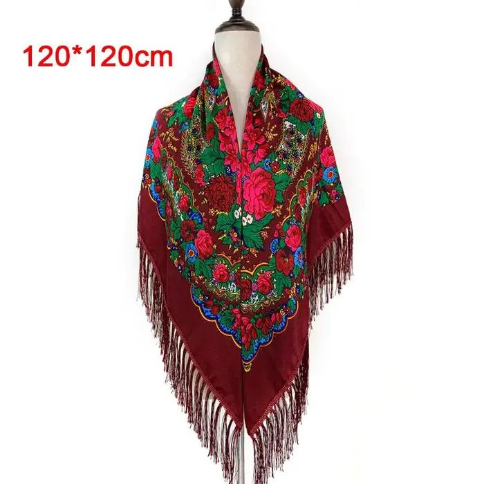 Écharpe traditionnelle russe multifonctionnelle en polyester avec franges et pompons pour femmes, idéale pour le printemps et l'automne, accessoire de mode vintage et tendance