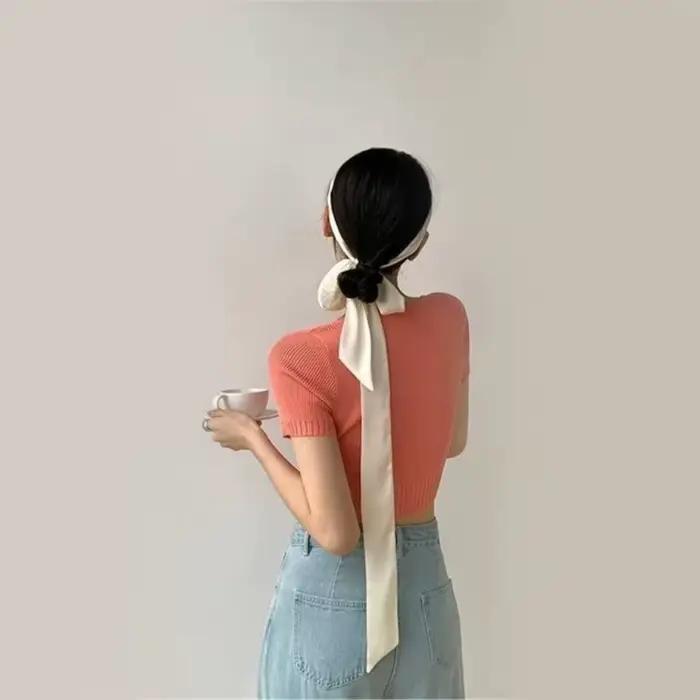 Écharpe de cheveux longs décontractée, bandeau en soie, écharpe de cou, couleur unie, ruban élégant, chouchous de fête pour femmes occasions spéciales