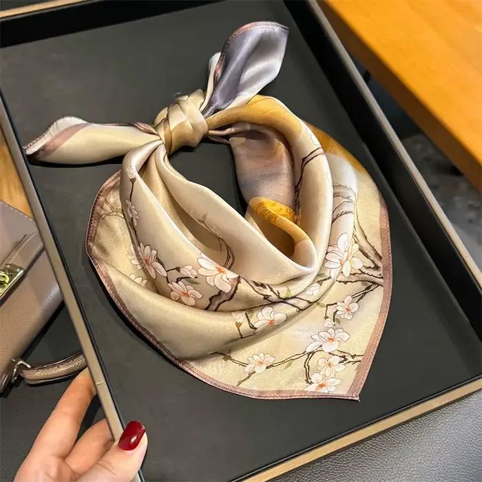 100% foulard en soie femmes carré fleur de prunier imprimé foulards Wrap