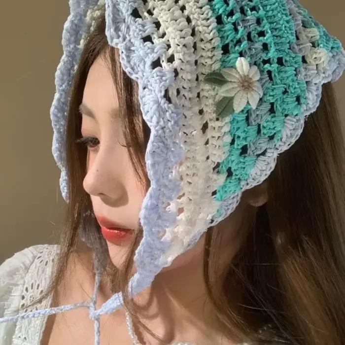 Women's Headscarf Dopamine French Mint Mambo Style Knitted Flower Triangular