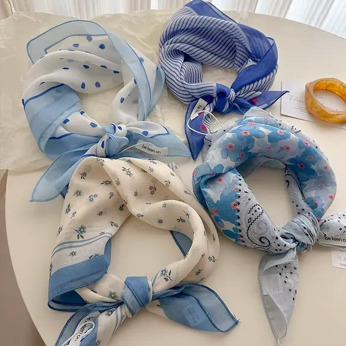 Écharpe carrée élégante à pois et rayures polyester pour femmes, accessoire multifonctionnel pour cheveux, protection solaire, tendance printemps été automne hiver