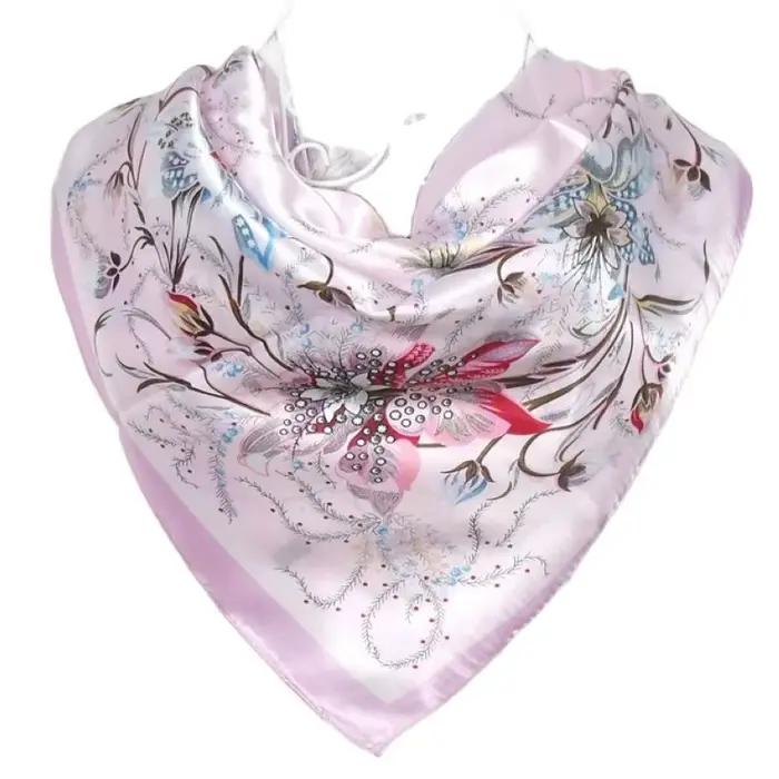 Écharpe hijab rose BYSIFA en soie polyéthylène design floral pour femmes, carré, lavande claire, multifonctionnelle pour toutes les occasions