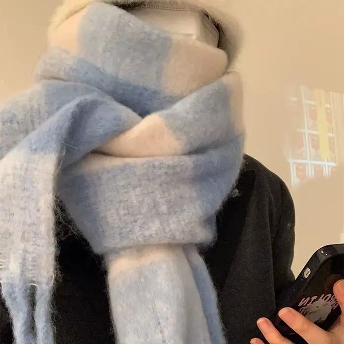 Nouvelle écharpe pour femmes hiver Style coréen Couple sensation bleu et blanc Plaid mode polyvalent châle épaissi