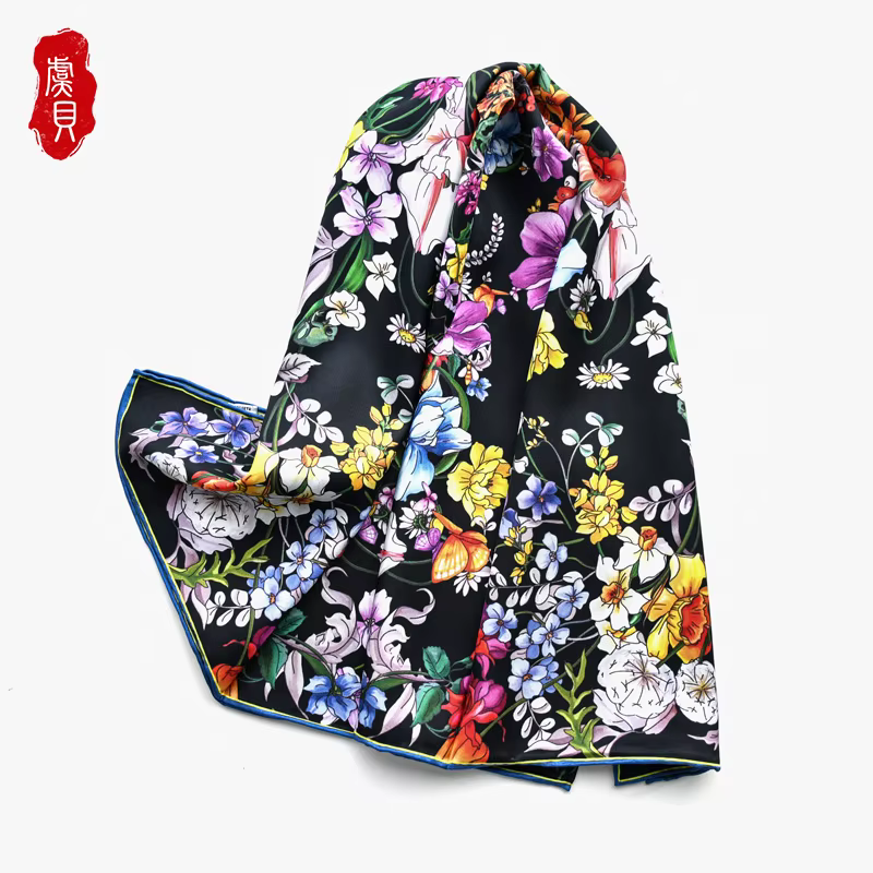 Foulard en sergé de soie véritable pour femmes, foulard de tête imprimé de fleurs, châle bandana car