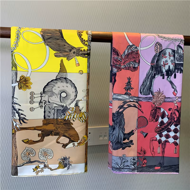 Marque de luxe sergé soie grande écharpe femmes à la main curling cheval cavalier animal femme sergé