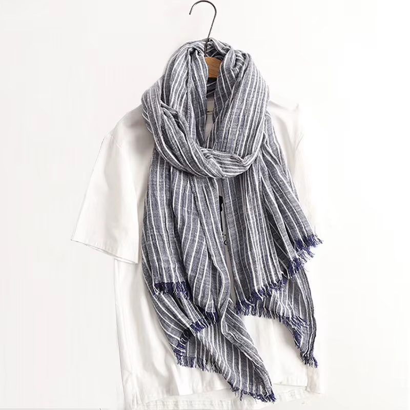 Écharpe rayée en coton et lin pour femmes et hommes, châles et écharpes vintage, automne et hiver