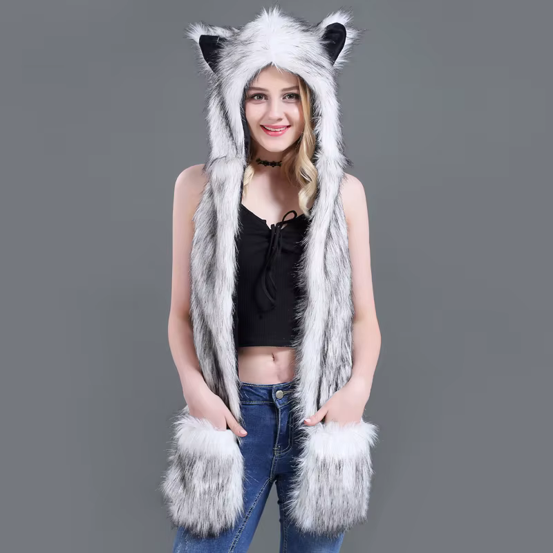 Ensemble Écharpe, Chapeau et Gants Femme LaMaxPa Fashion Animal, 1 Pièce, en Fausse Fourrure, Chauds